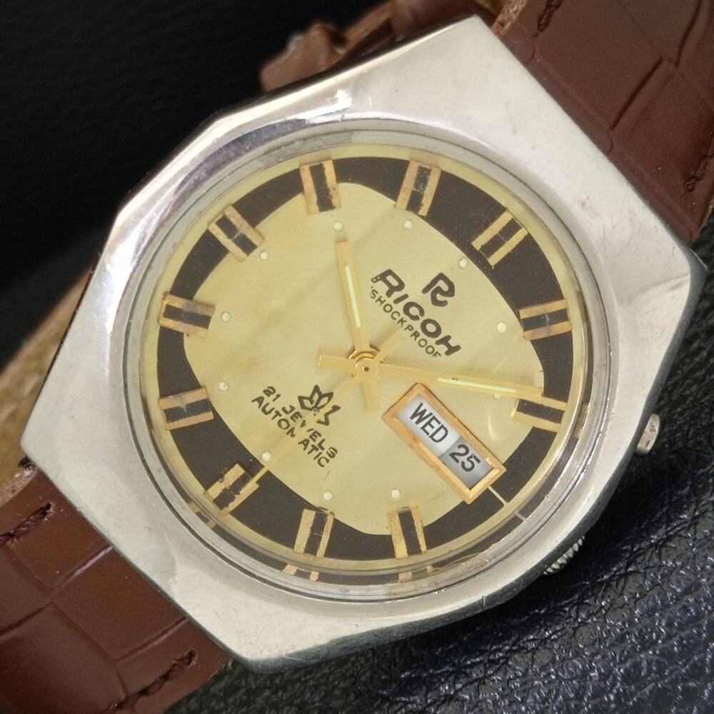 Vintage 1985 Ricoh Automatic Mens Silver Watch W/daydate & Gold accents